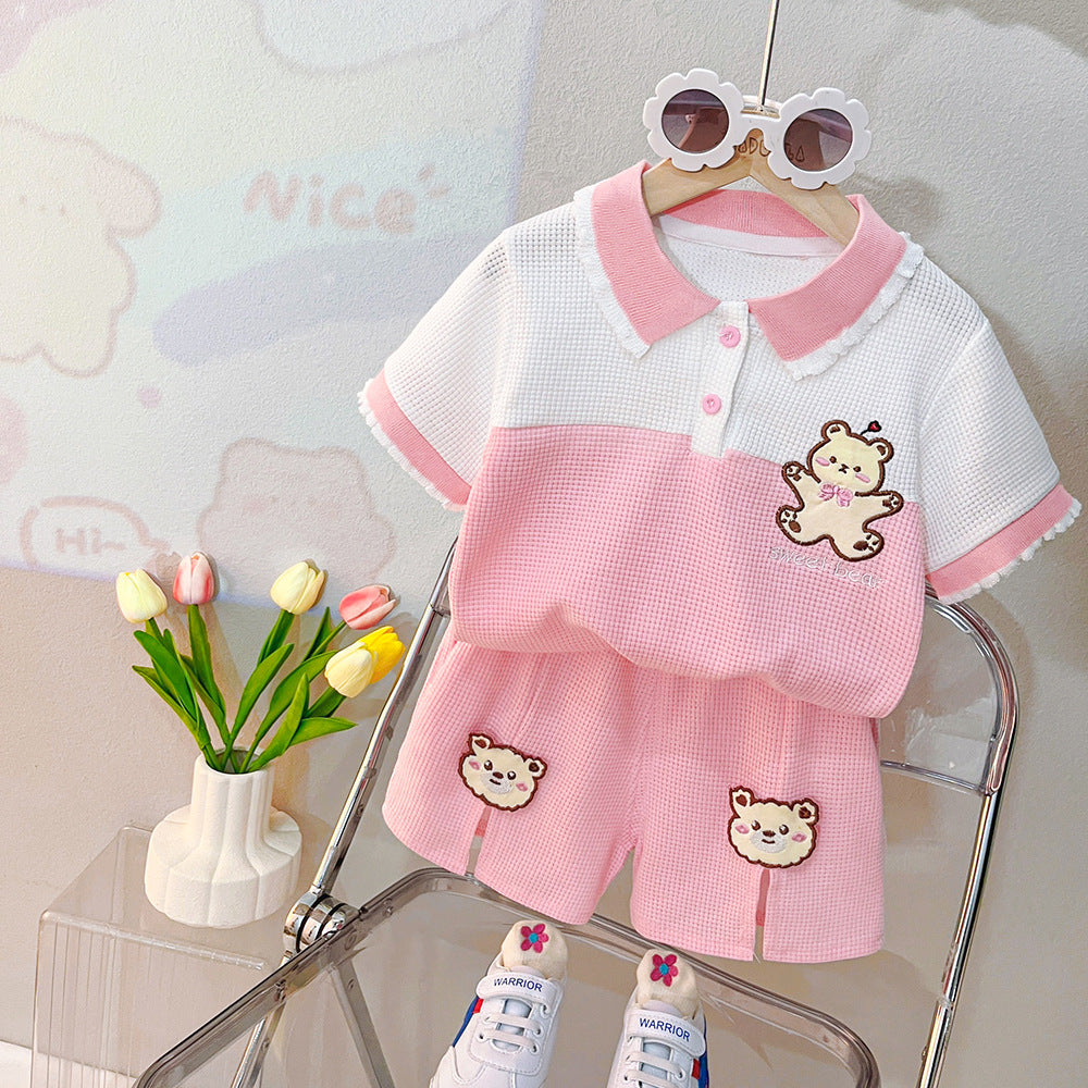 [340368] - Baju Setelan Bordir Kaos Kerah Polo Fashion Anak Perempuan - Motif Bear Gradation