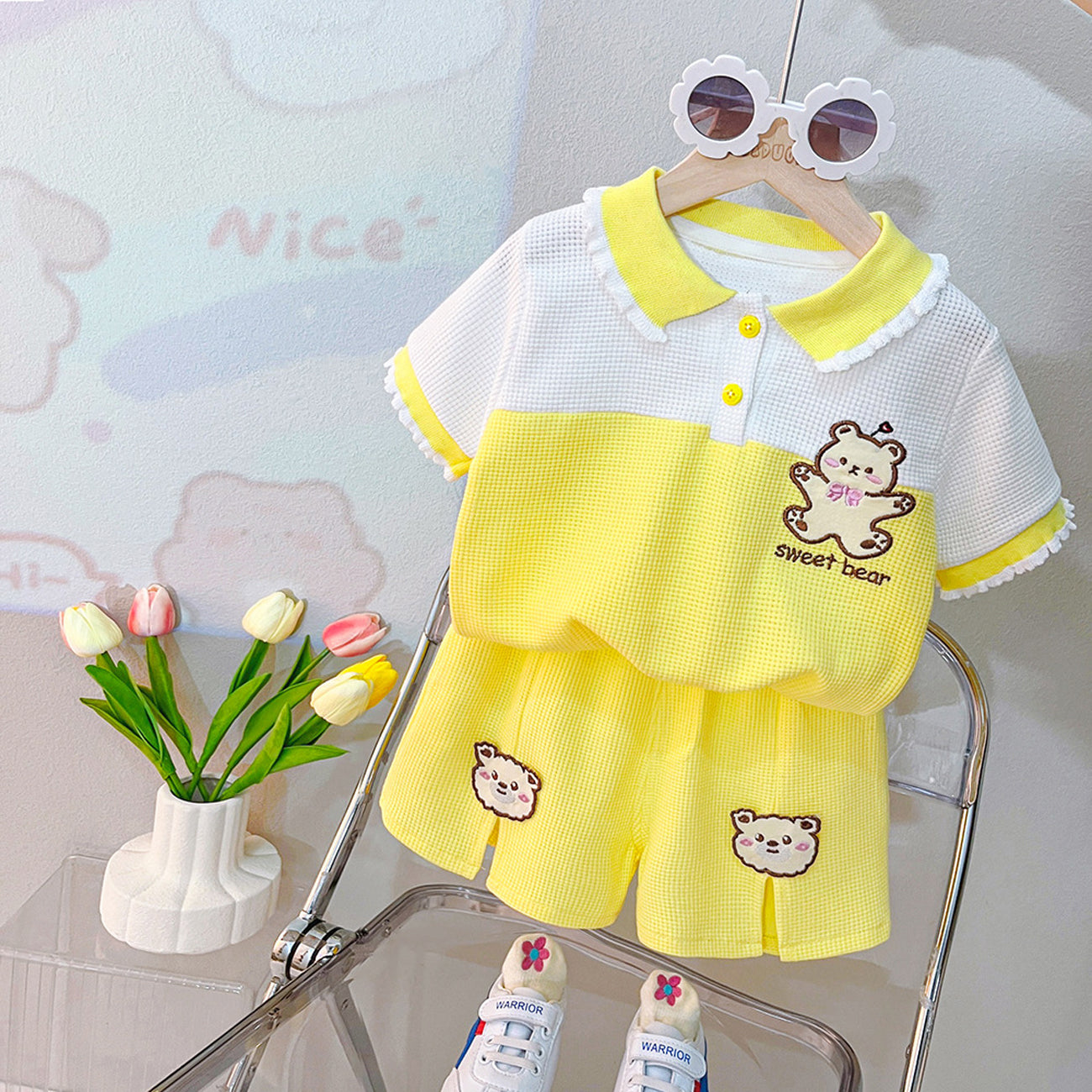 [340368] - Baju Setelan Bordir Kaos Kerah Polo Fashion Anak Perempuan - Motif Bear Gradation