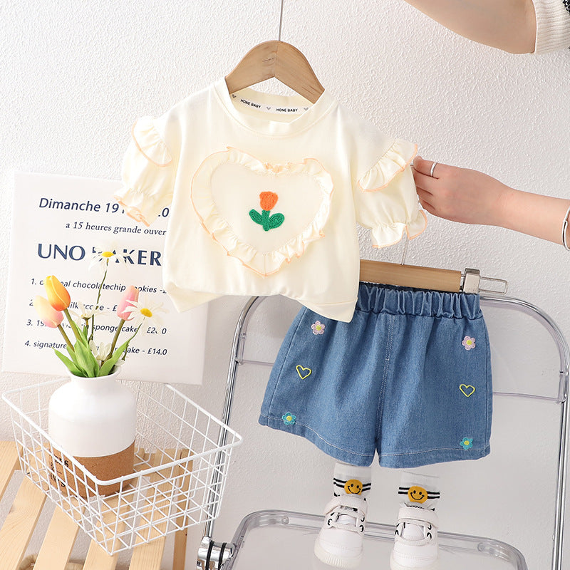 [340371] - Baju Setelan Blouse Bordir Celana Jeans Fashion Anak Perempuan - Motif Love Flower