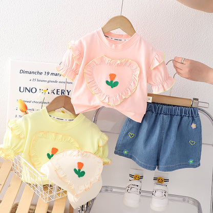 [340371] - Baju Setelan Blouse Bordir Celana Jeans Fashion Anak Perempuan - Motif Love Flower