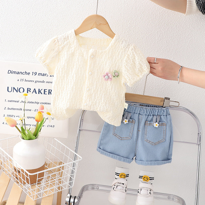 [340373] - Baju Setelan Blouse Celana Jeans Fashion Import Anak Perempuan - Motif Flower Brooch