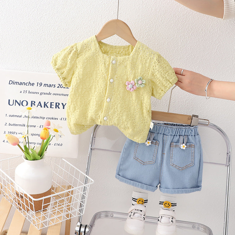 [340373] - Baju Setelan Blouse Celana Jeans Fashion Anak Perempuan - Motif Flower Brooch
