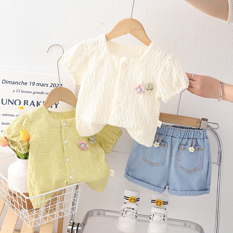 [340373] - Baju Setelan Blouse Celana Jeans Fashion Import Anak Perempuan - Motif Flower Brooch