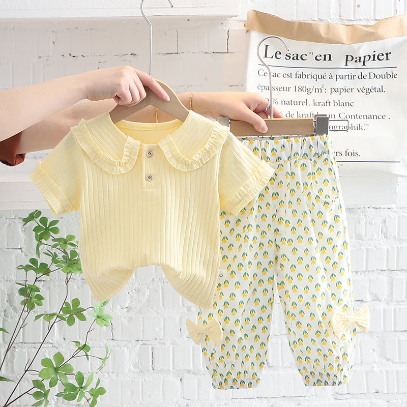 [340375] - Baju Setelan Blouse Celana Jogger Fashion Anak Perempuan - Motif Line Flowers