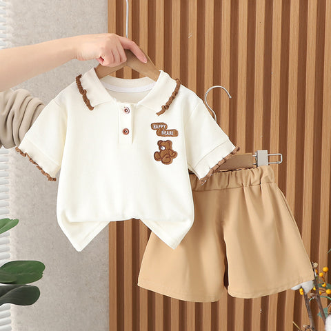 [340377] - Baju Setelan Kaos Kerah Polo Celana Chino Fashion Anak Perempuan - Motif Fat Bear