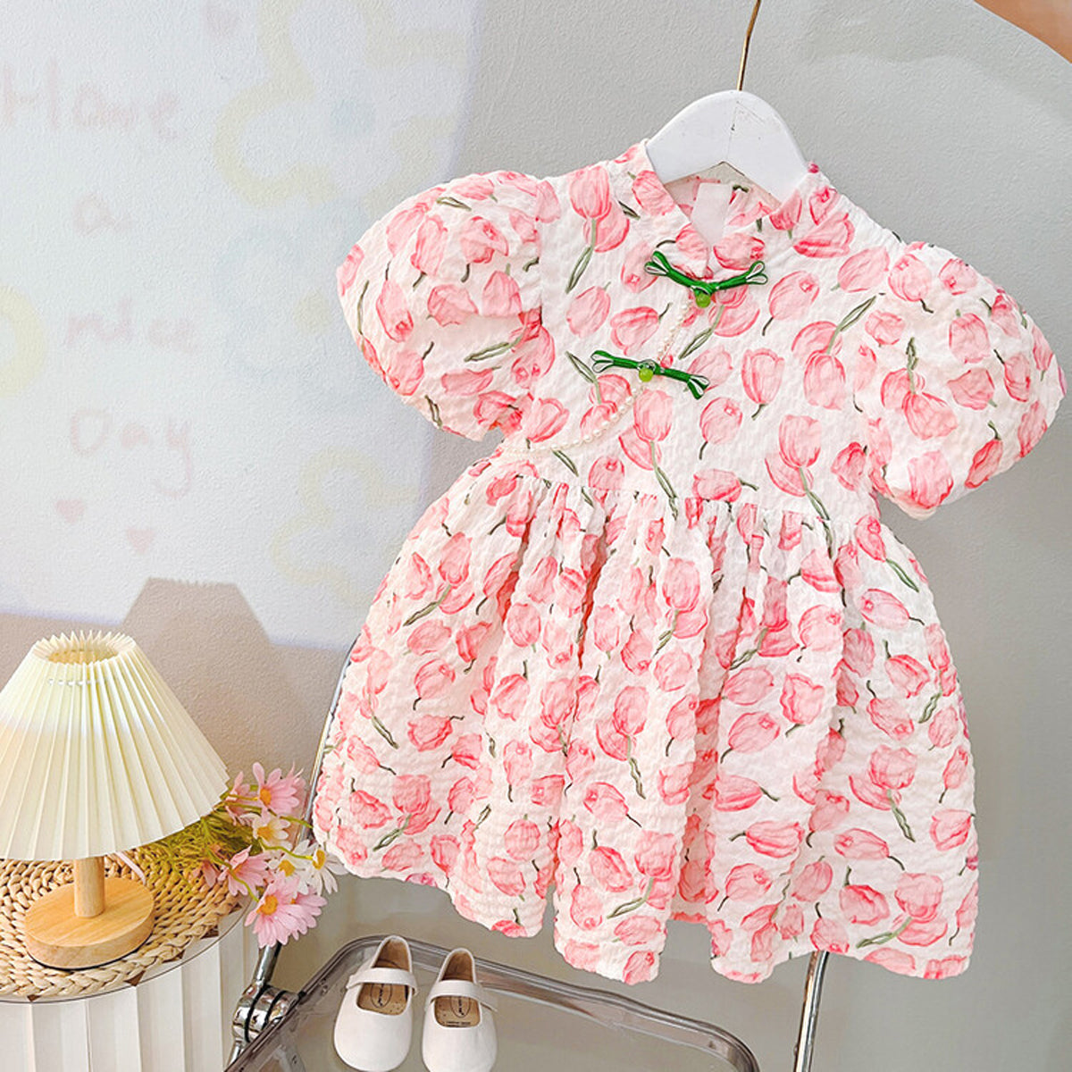 [340386] - Baju Mini Dress Lengan Pendek Balon Fashion Anak Perempuan - Motif Flower Leaf