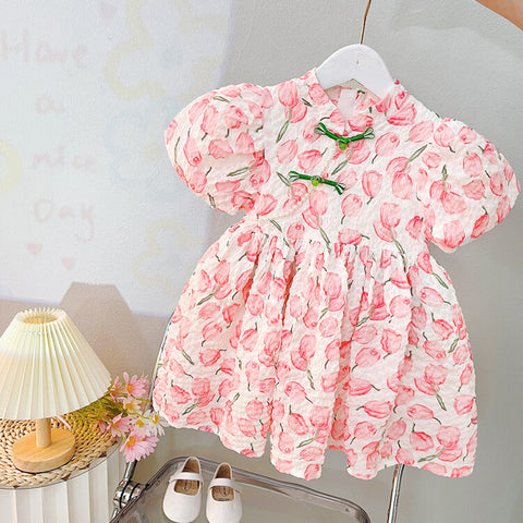 [340386] - Baju Mini Dress Lengan Pendek Balon Fashion Anak Perempuan - Motif Flower Leaf