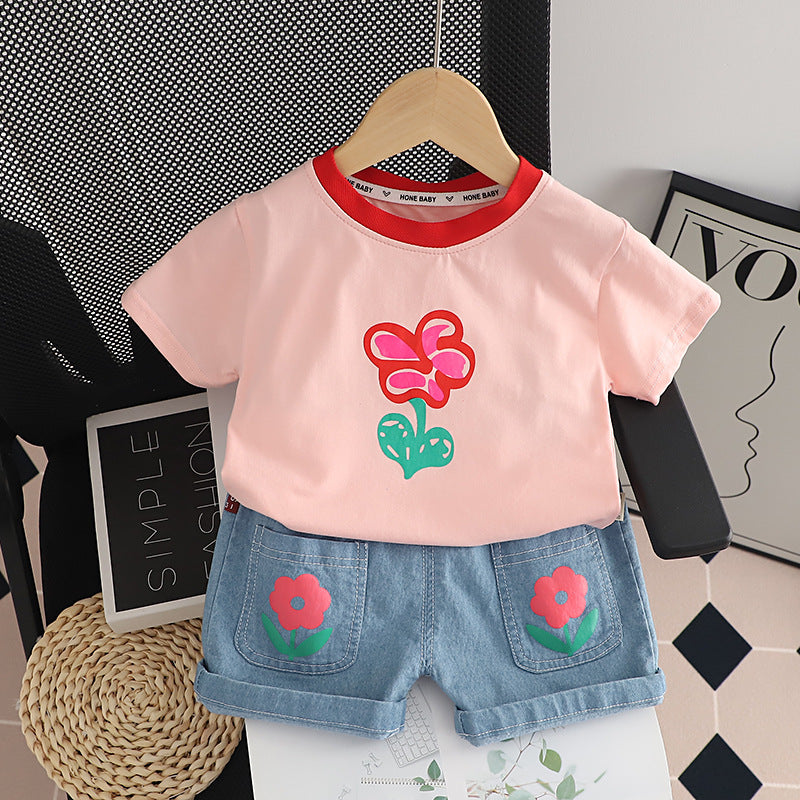 [340388] - Baju Setelan Kaos Celana Pendek Jeans Anak Perempuan - Motif Flower Images