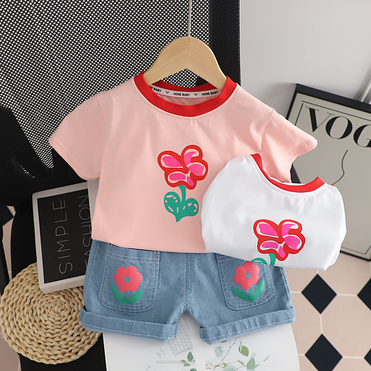 [340388] - Baju Setelan Kaos Celana Pendek Jeans Anak Perempuan - Motif Flower Images