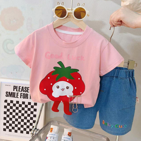 [340390] - Baju Setelan Kaos Fashion Anak Perempuan - Motif Sweet Strawberry