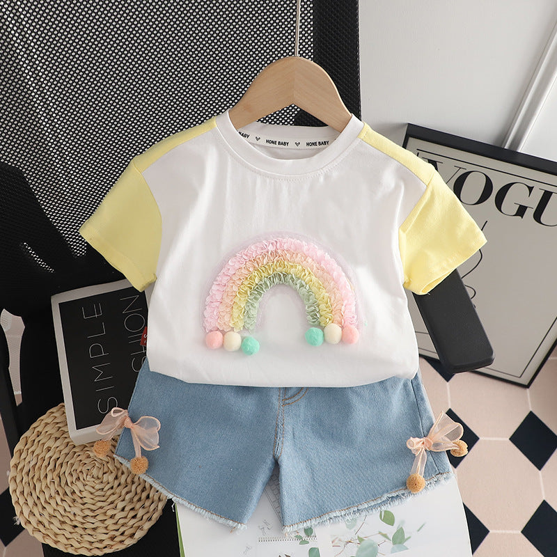 [340403] - Setelan Baju Kaos 3D Celana Pendek Jeans Anak Perempuan Fashion - Motif Plain Rainbow