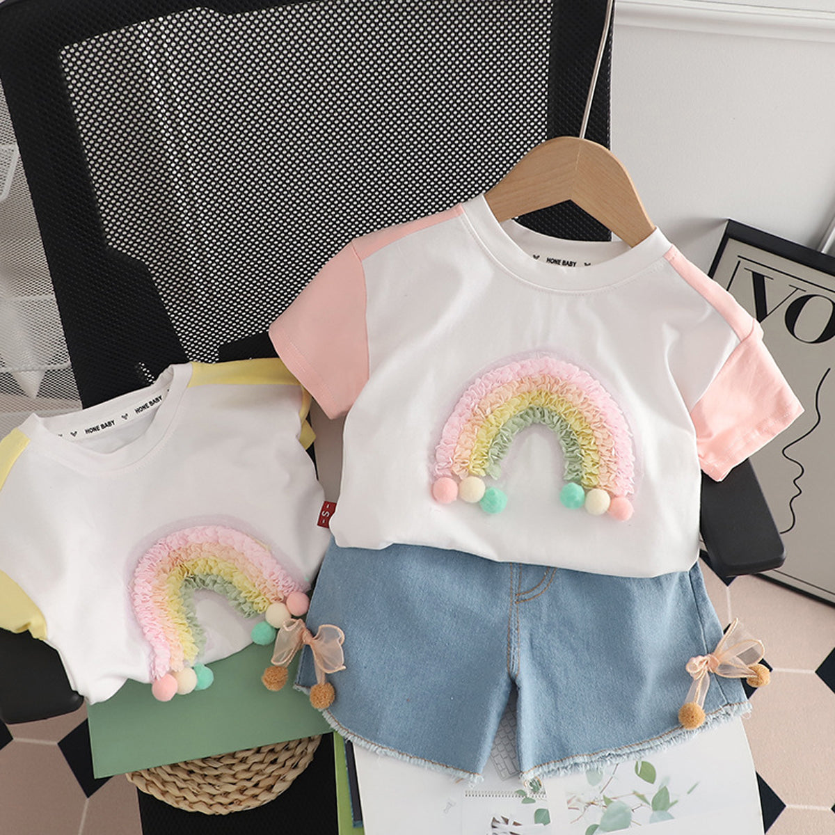 [340403] - Setelan Baju Kaos 3D Celana Pendek Jeans Anak Perempuan Fashion - Motif Plain Rainbow