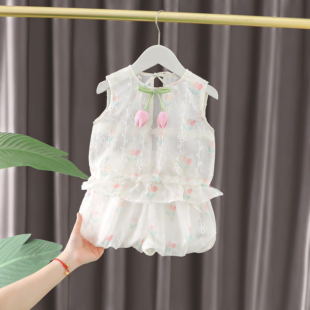 [340414] - Setelan Baju Atasan Kutung Celana Pendek Fashion Anak Perempuan - Motif Flower Ribbon