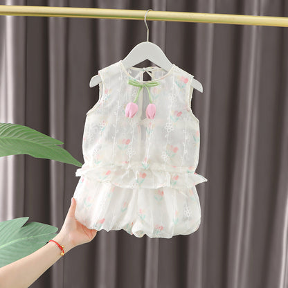 [340414] - Setelan Baju Atasan Kutung Celana Pendek Fashion Anak Perempuan - Motif Flower Ribbon