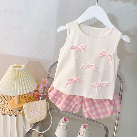 [340415] - Setelan Baju Lengan Kutung Celana Pendek Fashion Anak Perempuan - Motif Ribbon