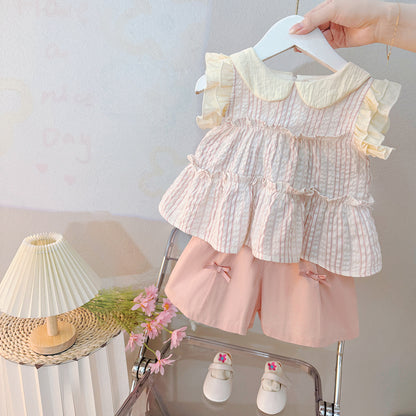 [340417] - Setelan Baju Tanpa Lengan Celana Pendek Fashion Anak Perempuan - Motif Banded Lace