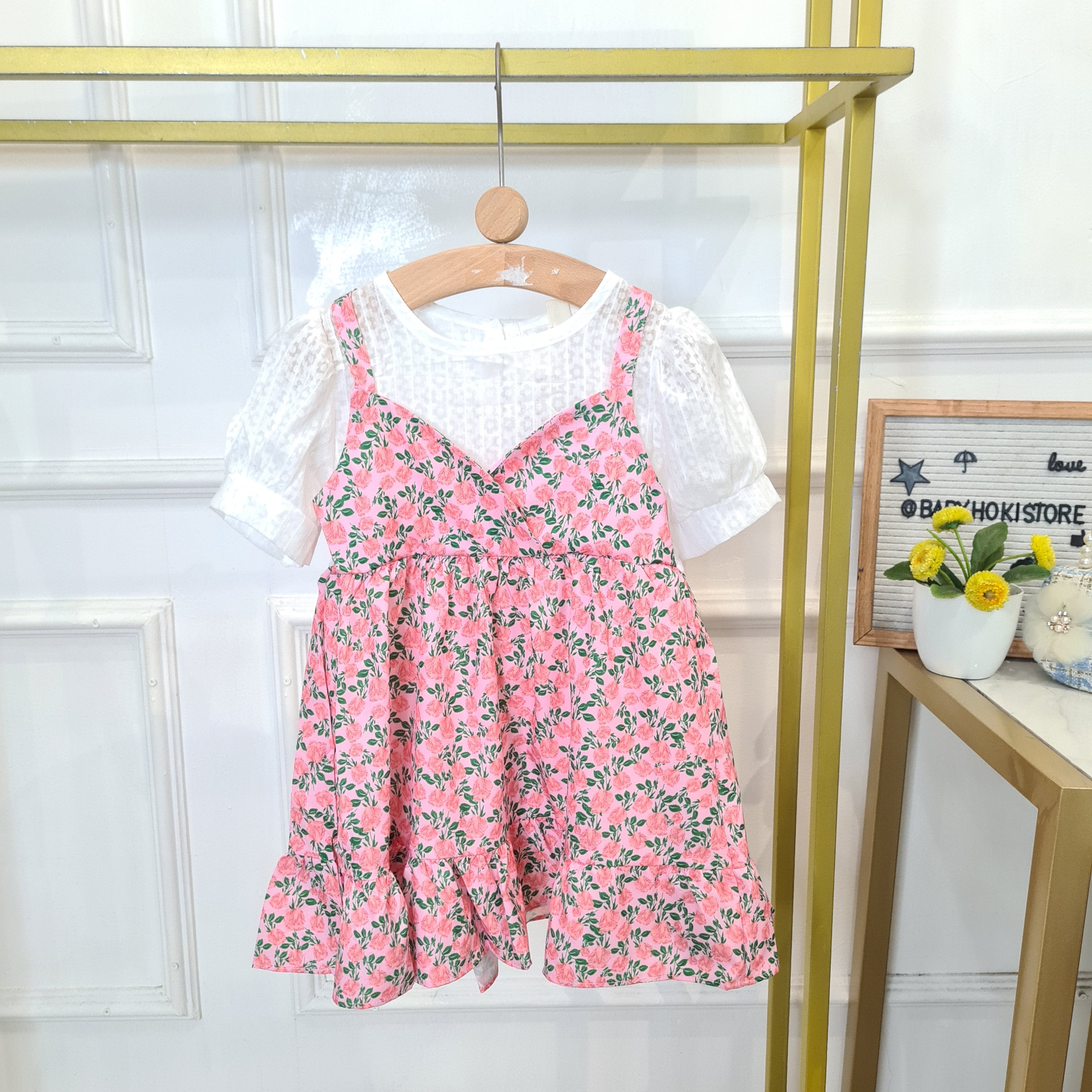 [340417-V1] - Baju Dress Bunga Lengan Pendek Fashion Anak Perempuan - Motif Flat Flowers