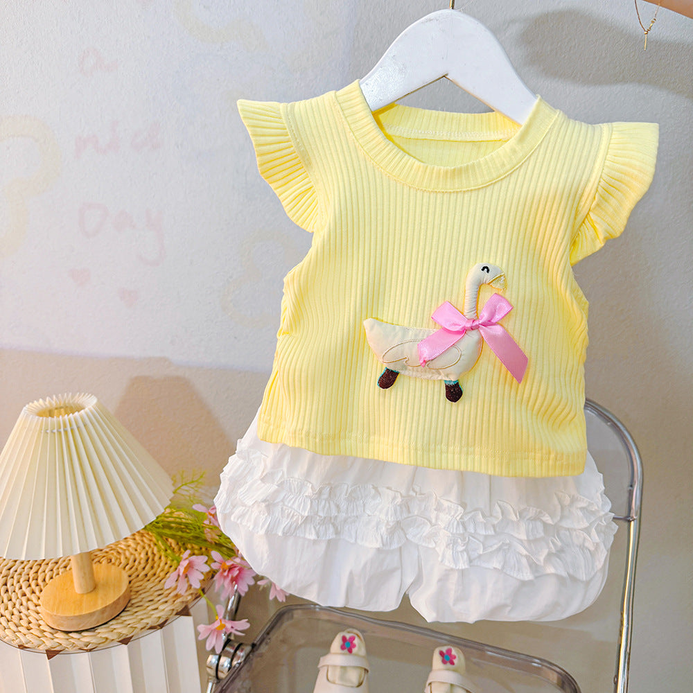 [340418] - Setelan Baju Tanpa Lengan Celana Pendek Fashion Anak Perempuan - Motif Ribbon Duck