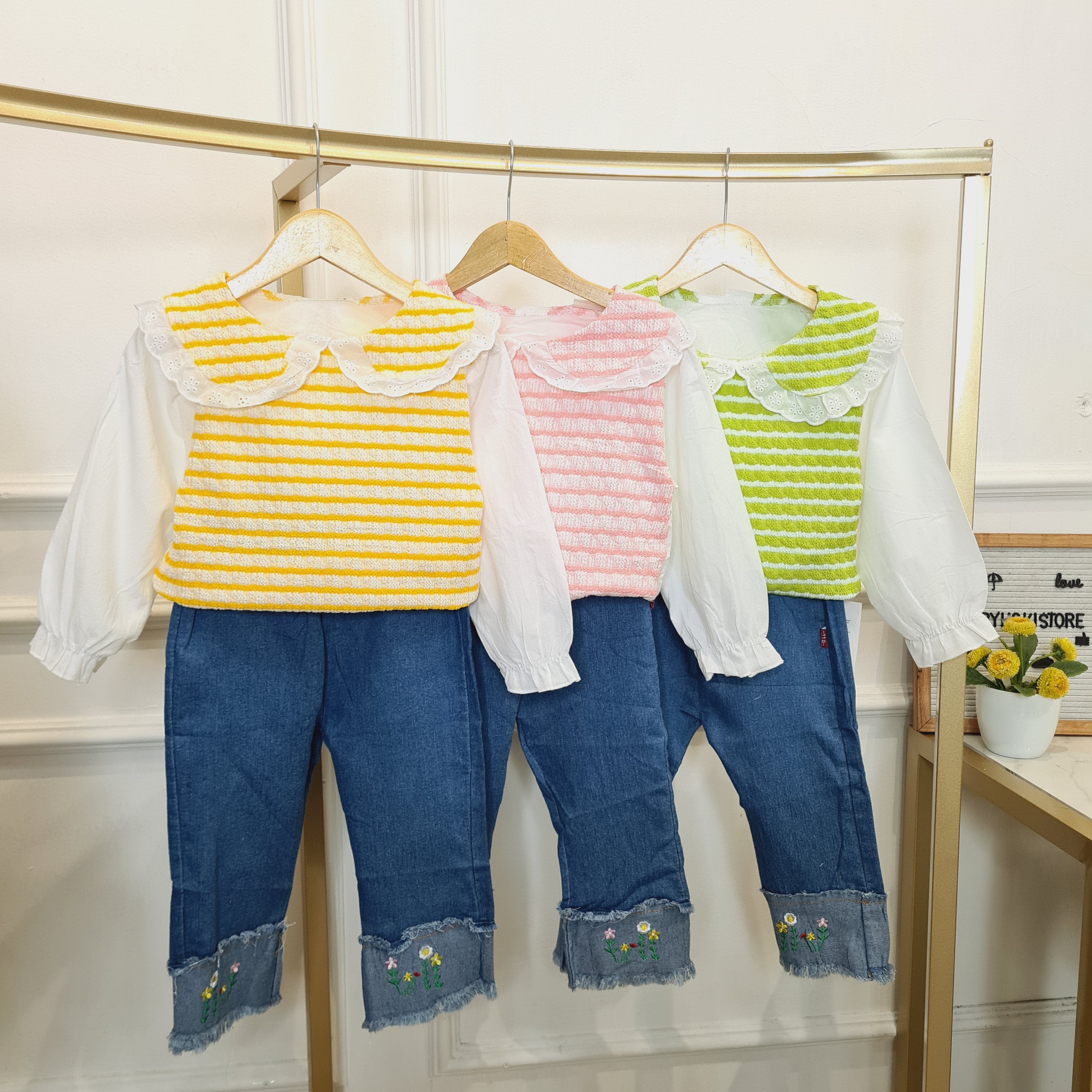 [340419-V1] - Setelan Baju Blouse Celana Jeans Panjang Fashion Anak Perempuan - Motif Basic Neat