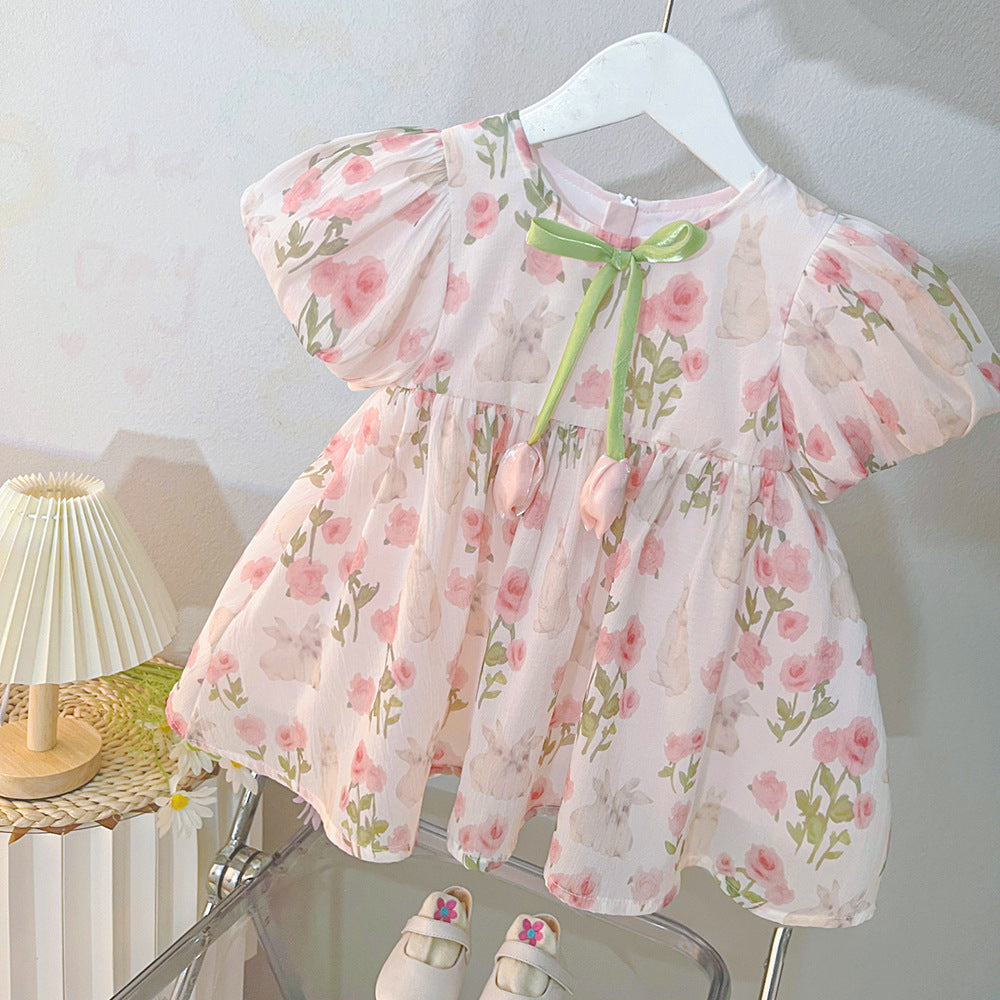 [340419] - Baju Dress Lengan Pendek Fashion Anak Perempuan - Motif Flower Pink