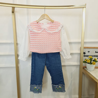 [340419-V1] - Setelan Baju Blouse Celana Jeans Panjang Fashion Anak Perempuan - Motif Basic Neat