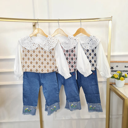 [340420-V1] - Setelan Baju Blouse Celana Jeans Panjang Fashion Anak Perempuan - Motif Flower Side