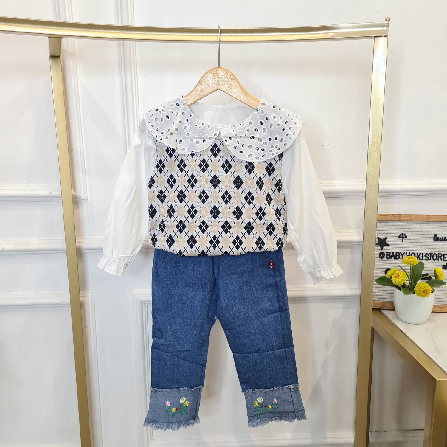 [340420-V1] - Setelan Baju Blouse Celana Jeans Panjang Fashion Anak Perempuan - Motif Flower Side