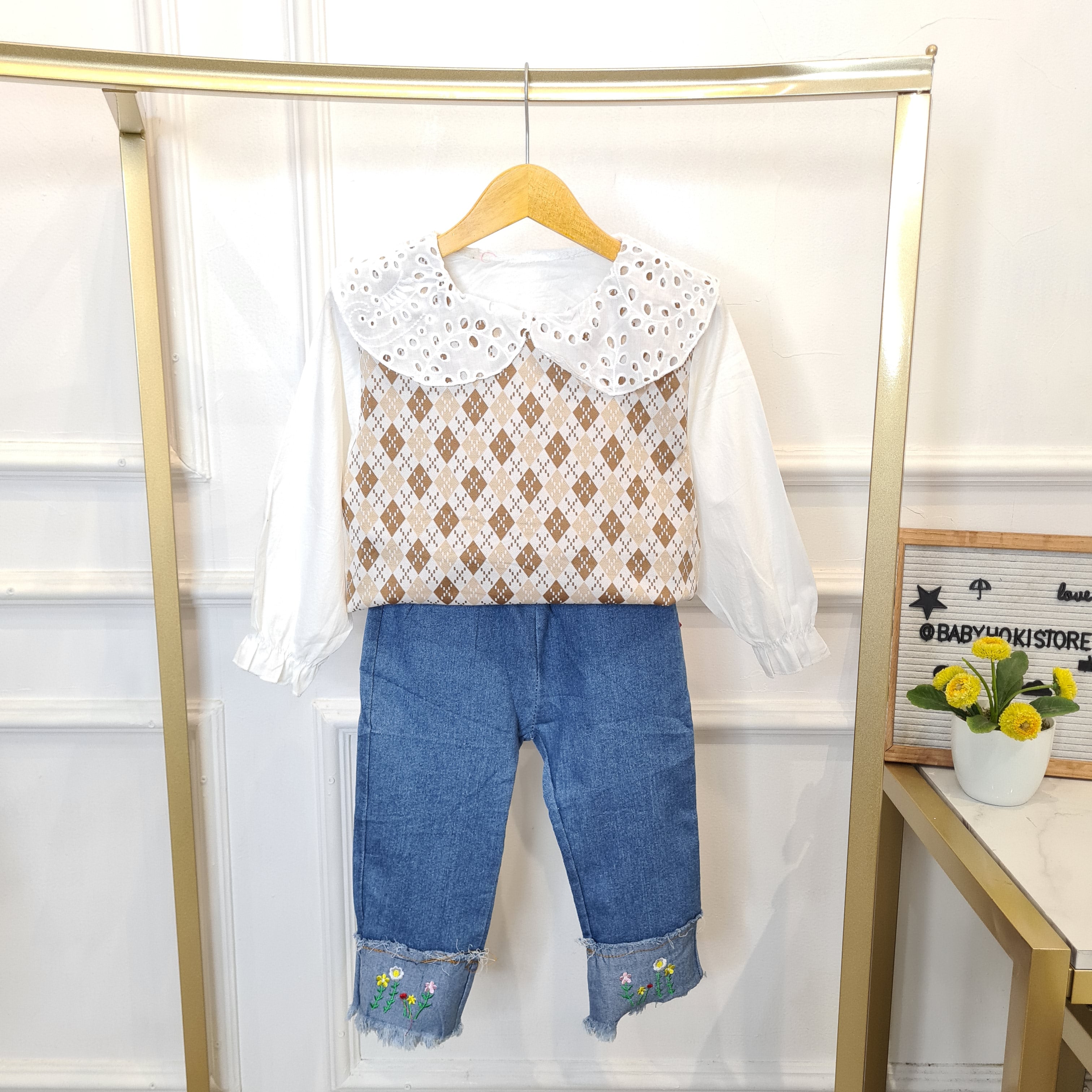 [340420-V1] - Setelan Baju Blouse Celana Jeans Panjang Fashion Anak Perempuan - Motif Flower Side