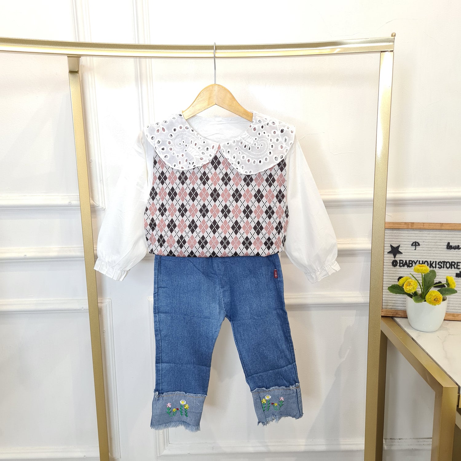 [340420-V1] - Setelan Baju Blouse Celana Jeans Panjang Fashion Anak Perempuan - Motif Flower Side