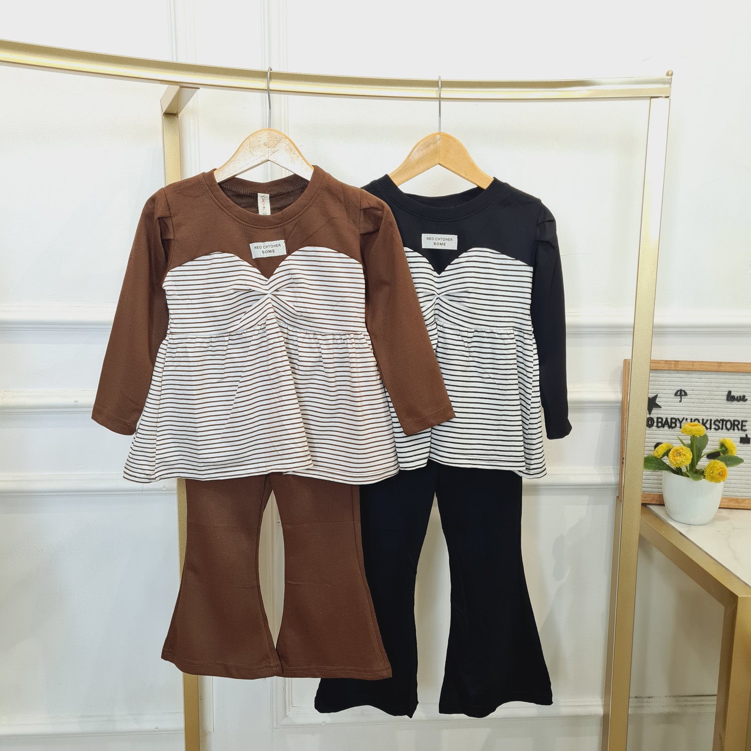 [340421-V1] - Setelan Baju Celana Panjang Import Fashion Anak Perempuan - Motif Stripe Line