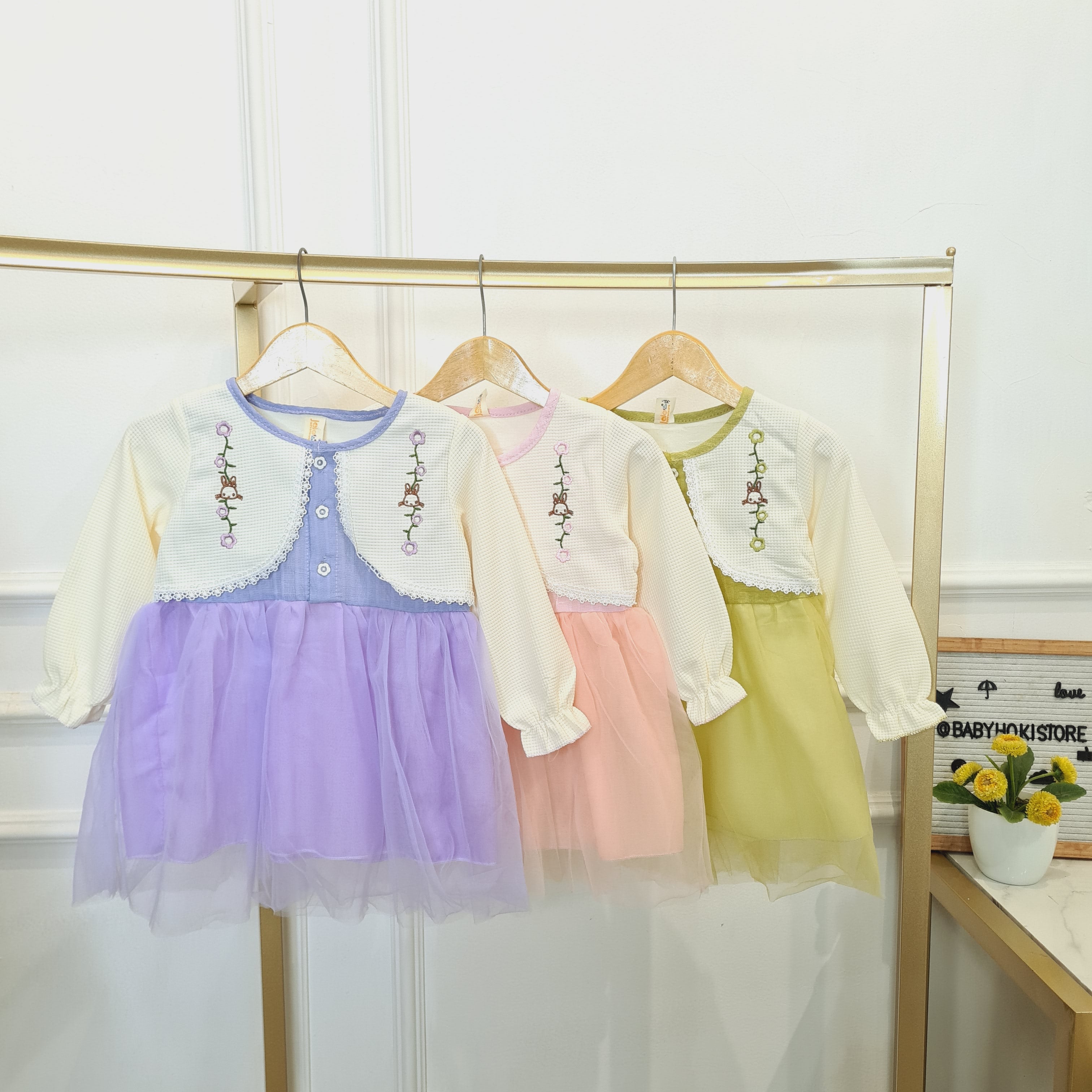 [340422-V1] - Baju Dress Lengan Panjang Rajut Fashion Anak Perempuan Import - Motif Knit Flower
