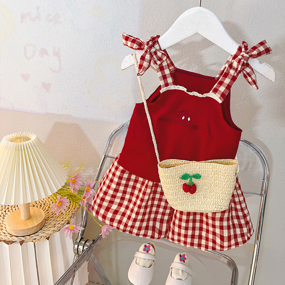 [340422] - Setelan Baju Kutung Celana Pendek Fashion Anak Perempuan - Motif Plaid Cherry