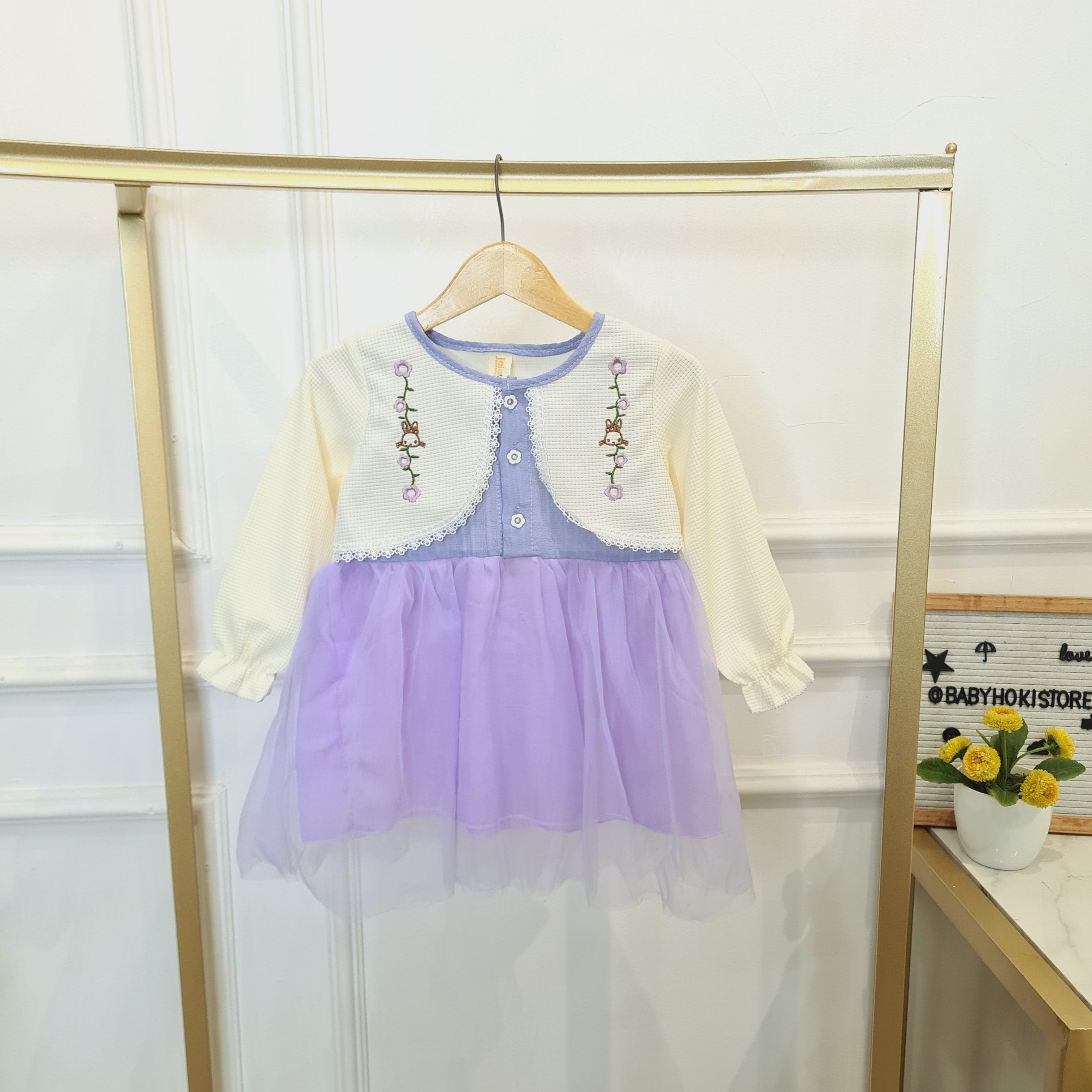 [340422-V1] - Baju Dress Lengan Panjang Rajut Fashion Anak Perempuan Import - Motif Knit Flower