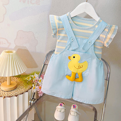 [340424] - Baju Setelan Atasan Lengan Pendek Overall Pendek Fashion Anak Perempuan - Motif Little Duck