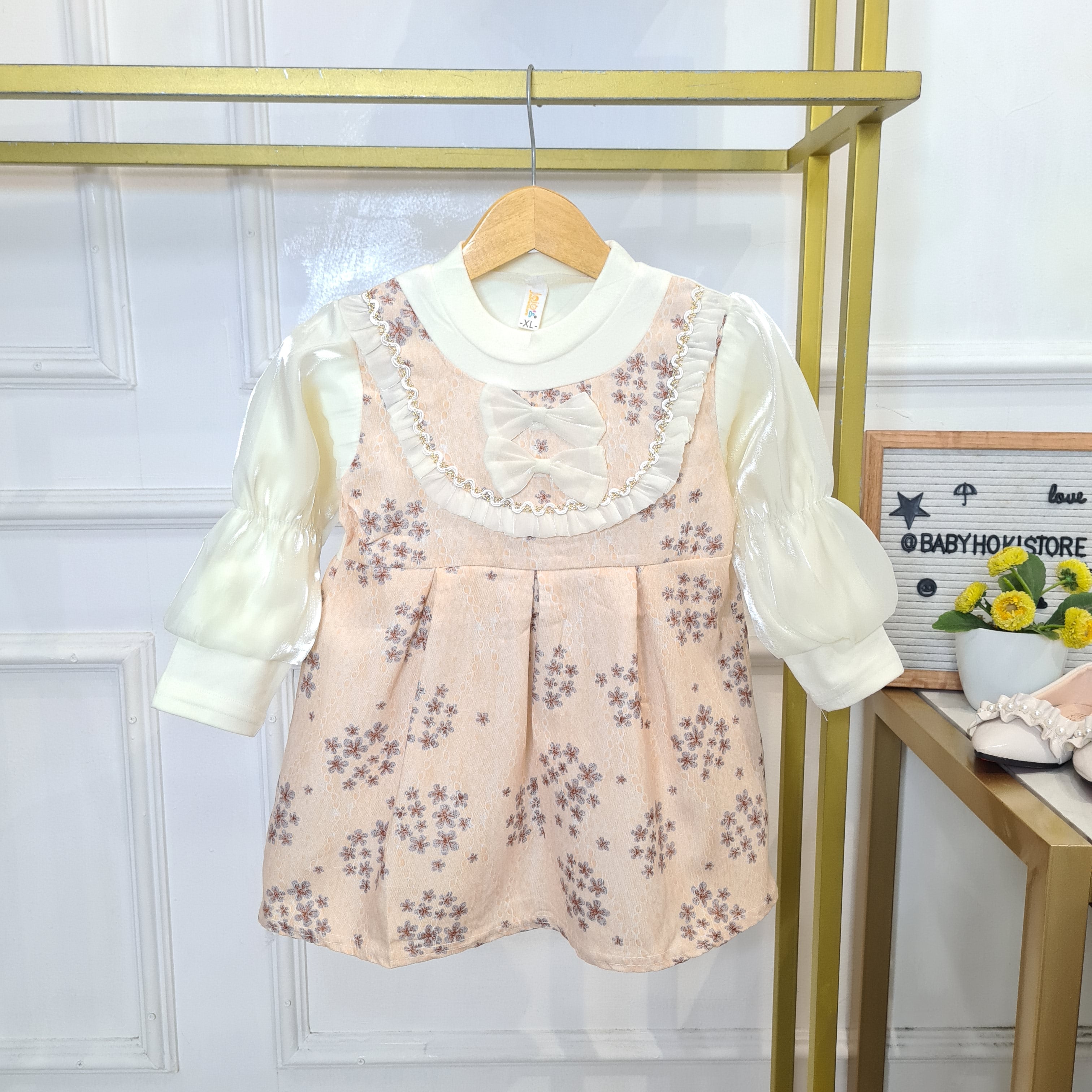 [340426-V1] - Baju Mini Dress Lengan Panjang Fashion Import Anak Perempuan - Motif Ribbon Flower