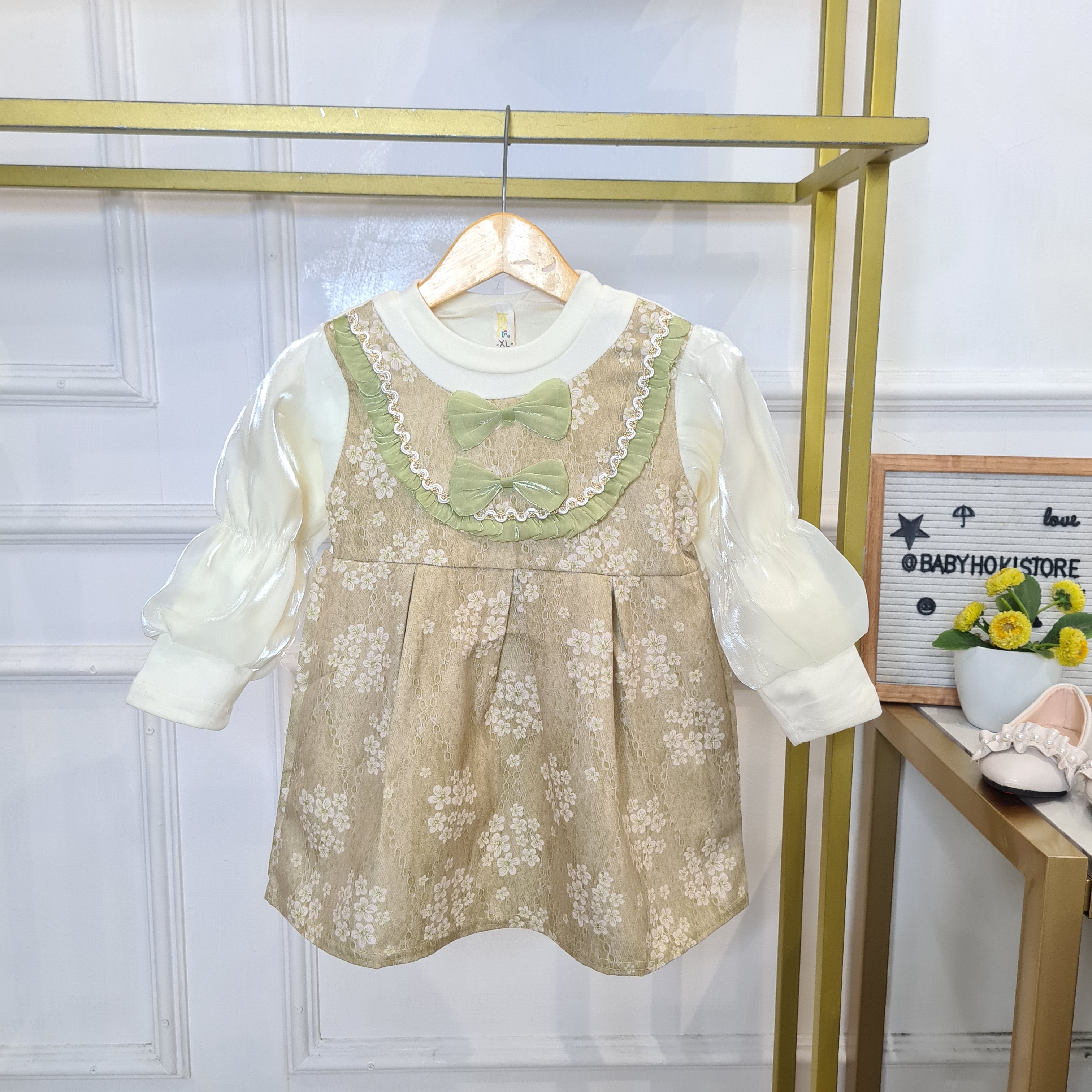 [340426-V1] - Baju Mini Dress Lengan Panjang Fashion Anak Perempuan - Motif Ribbon Flower