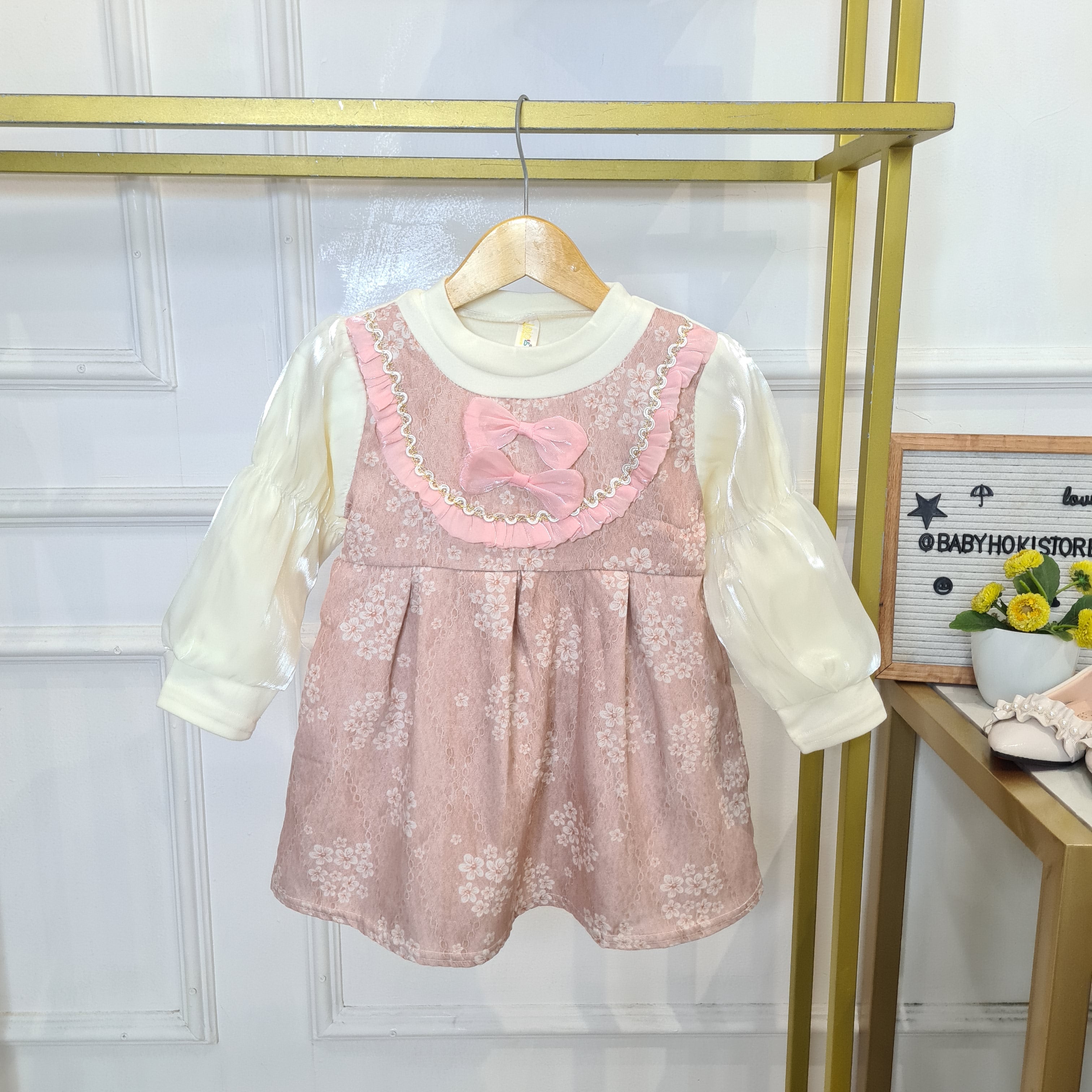 [340426-V1] - Baju Mini Dress Lengan Panjang Fashion Anak Perempuan - Motif Ribbon Flower
