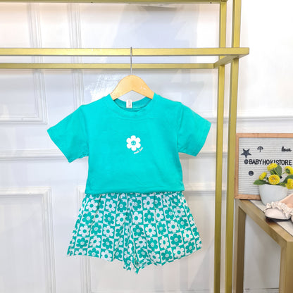 [340428-V1] - Baju Setelan Kaos Celana Pendek Fashion Import Anak Perempuan - Motif Bloom Flower