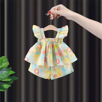 [340432] - Setelan Baju Atasan Kutung Celana Pendek Fashion Anak Perempuan - Motif Ruffled Flower