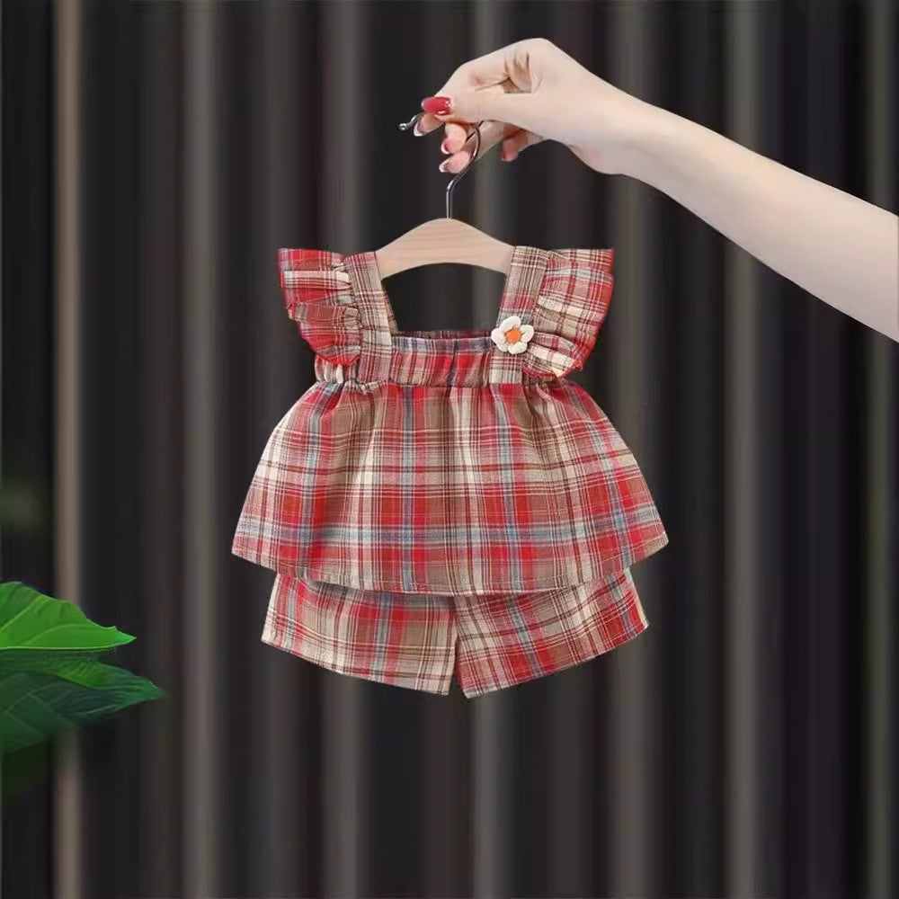 [340437] - Setelan Baju Kutung Celana Pendek Fashion Anak Perempuan - Motif Flower Plaid