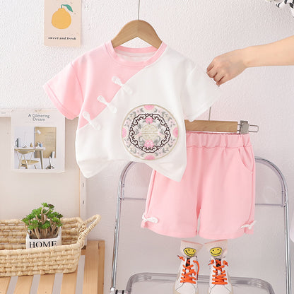 [340439] - Setelan Baju Lengan Pendek Celana Pendek Fashion Anak Perempuan - Motif Plain Emblem