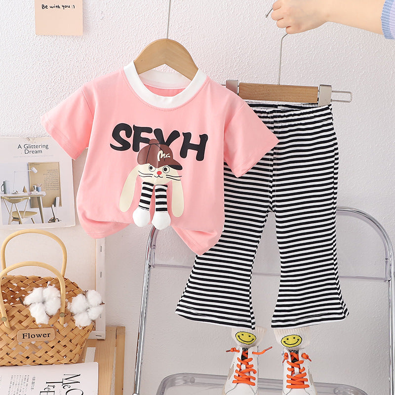 [340442] - Setelan Baju Kaos Lengan Pendek Celana Panjang Fashion Anak Perempuan - Motif SFX Stripe