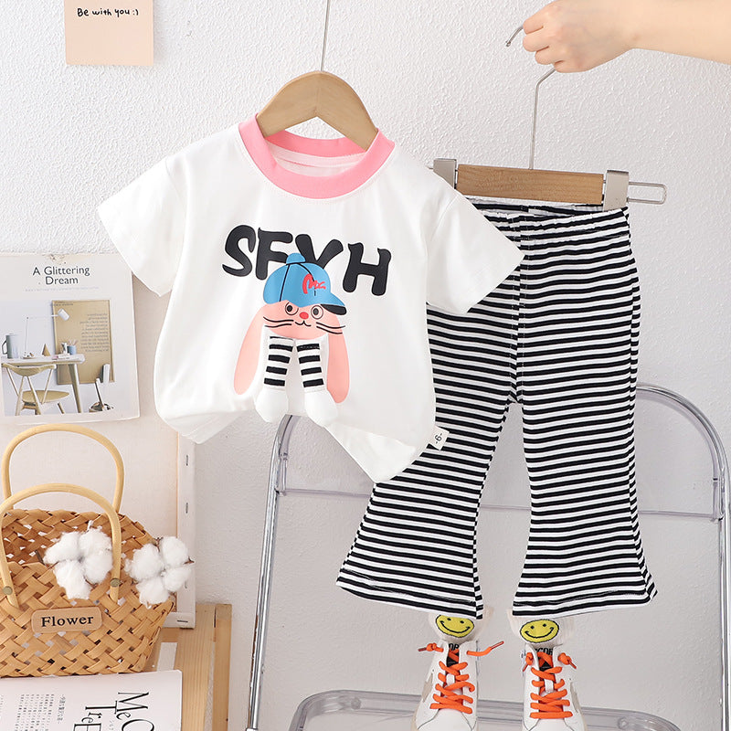 [340442] - Setelan Baju Kaos Lengan Pendek Celana Panjang Fashion Anak Perempuan - Motif SFX Stripe