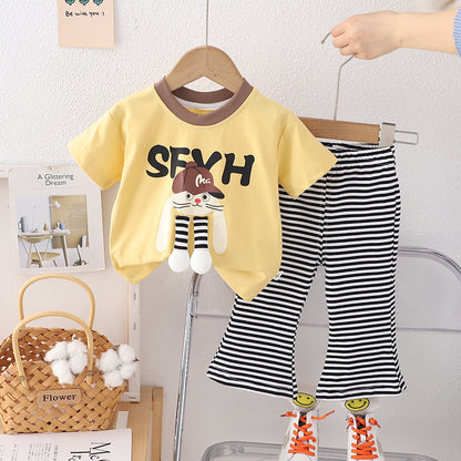 [340442] - Setelan Baju Kaos Lengan Pendek Celana Panjang Fashion Anak Perempuan - Motif SFX Stripe