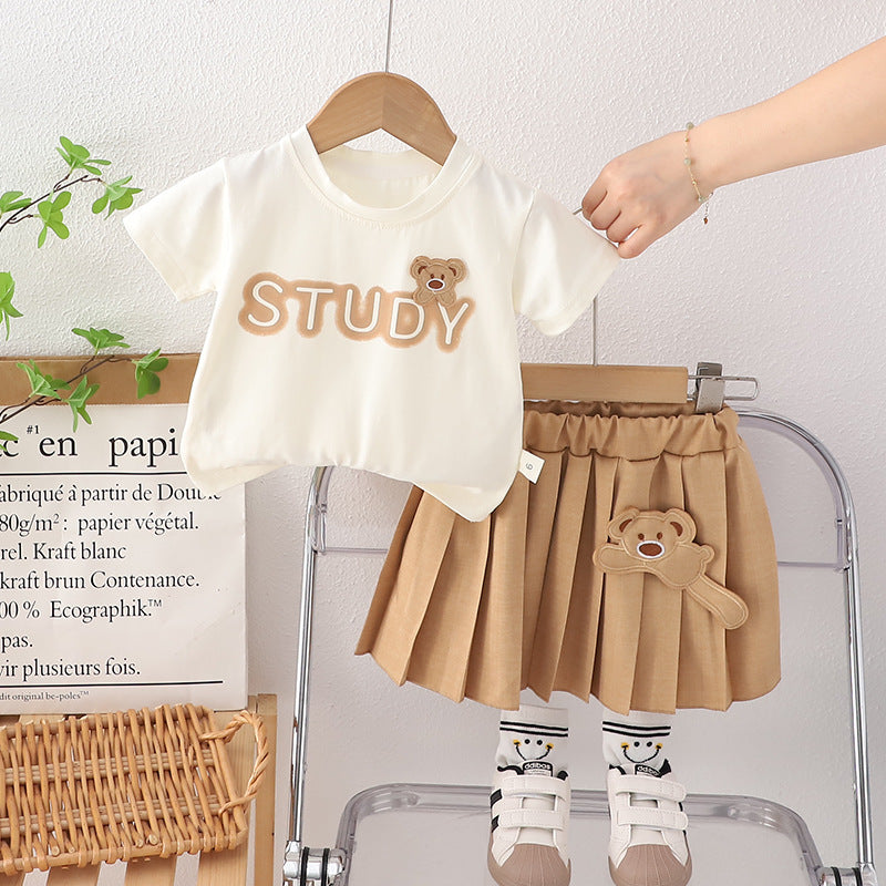 [340443] - Setelan Baju Atasan Pendek Bawahan Rok Pendek Fashion Anak Perempuan - Motif Study Bear