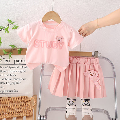 [340443] - Setelan Baju Atasan Pendek Bawahan Rok Pendek Fashion Anak Perempuan - Motif Study Bear