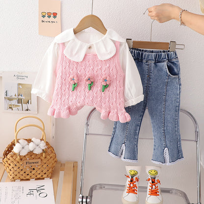 [340450] - Baju Setelan 3 In 1 Atasan Lengan Panjang Rompi Rajut Celana Jeans Panjang Fashion Anak Perempuan - Motif Little Flower