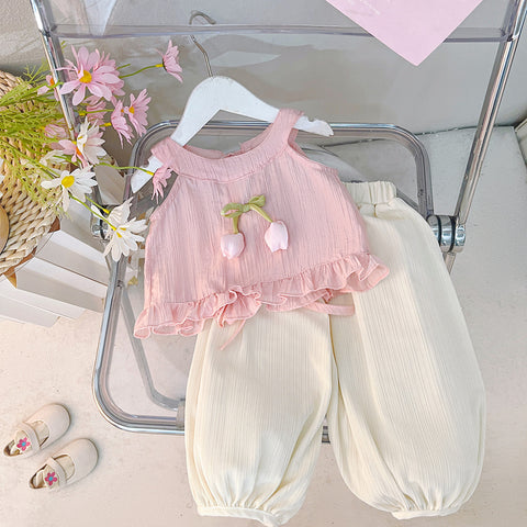 [340455] - Baju Setelan Lengan Kutung Celana Panjang Fashion Anak Perempuan - Motif Flower Ribbon