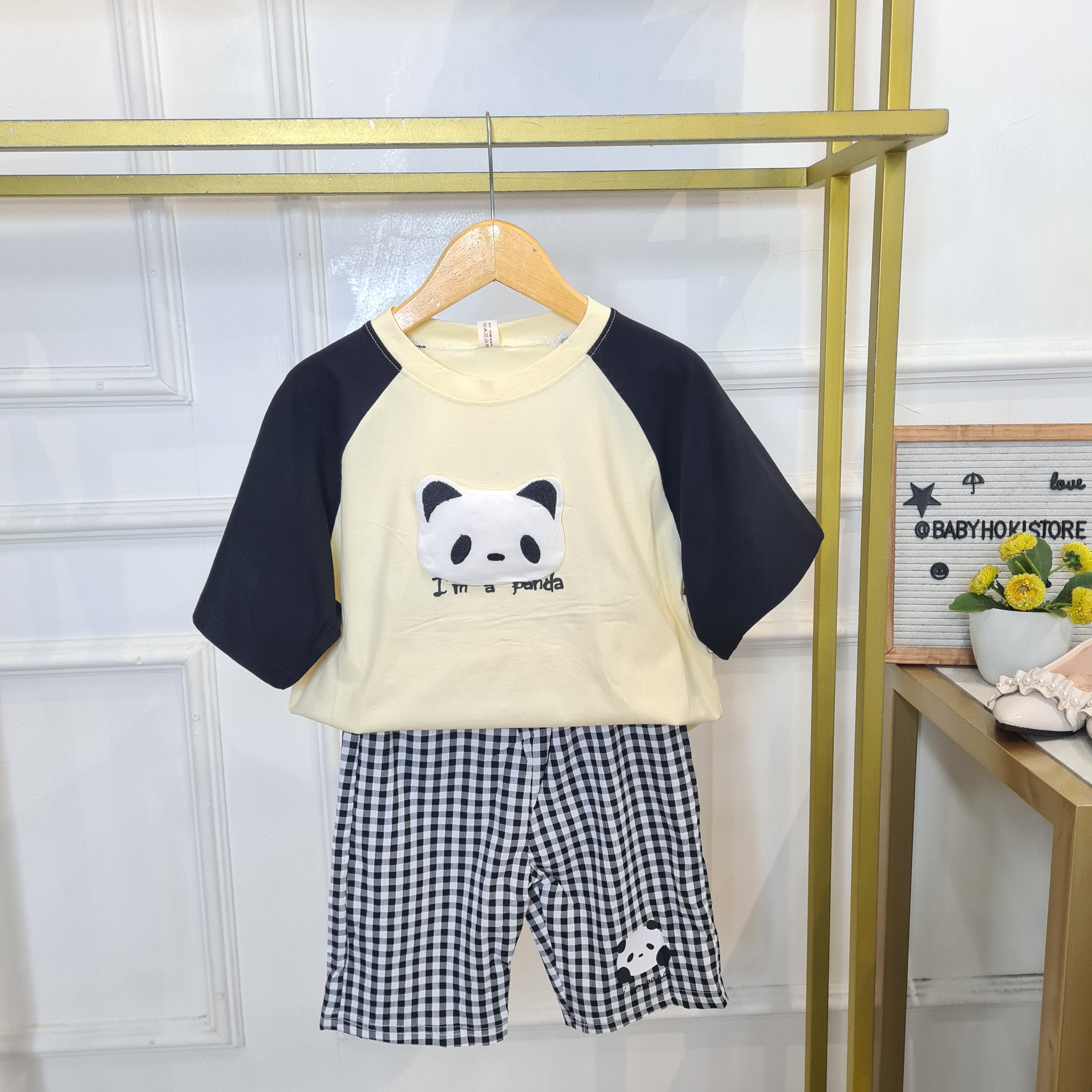 [345476-V1] - Baju Setelan Kaos Celana Kotak-kotak Anak Perempuan Import Fashion - Motif Panda Bear