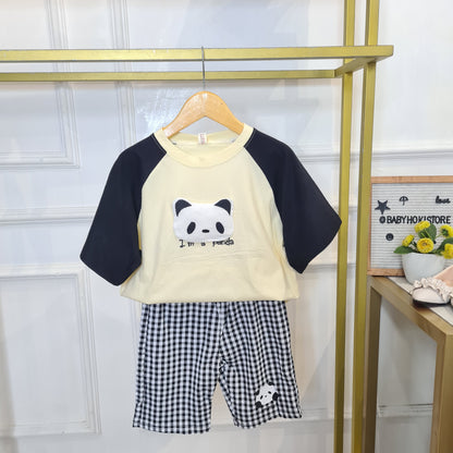 [345476-V1] - Baju Setelan Kaos Celana Kotak-kotak Anak Perempuan Fashion - Motif Panda Bear